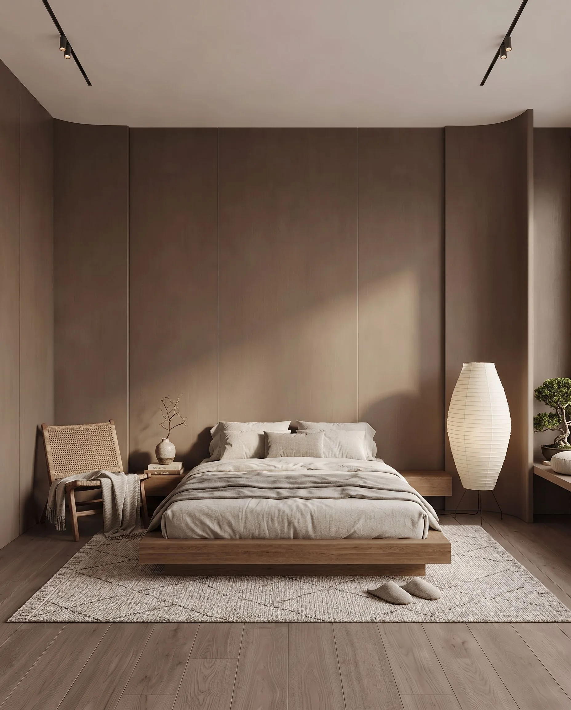 Empty bedroom virtually staged in Japandi style